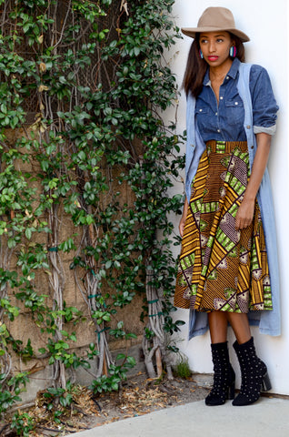 African print midi skirt from A Leap of Style with denim shirt and denim vest