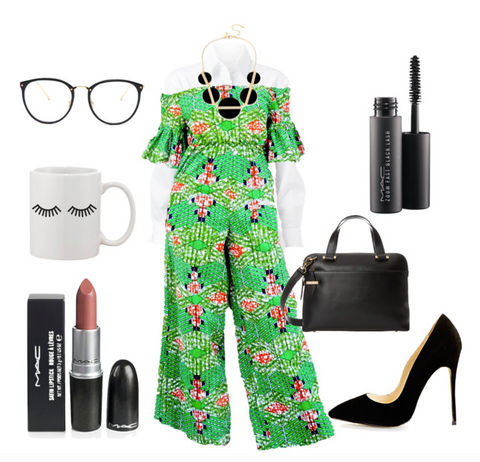 African print jumpsuit styled with white button up layered, pumps, briefcase, and glasses.
