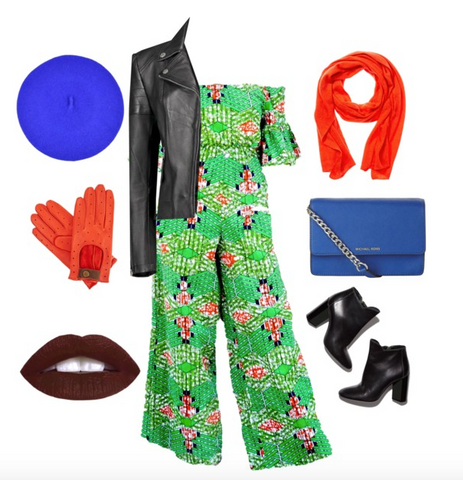 Off the shoulder african print jumpsuit with leather jacket and booties