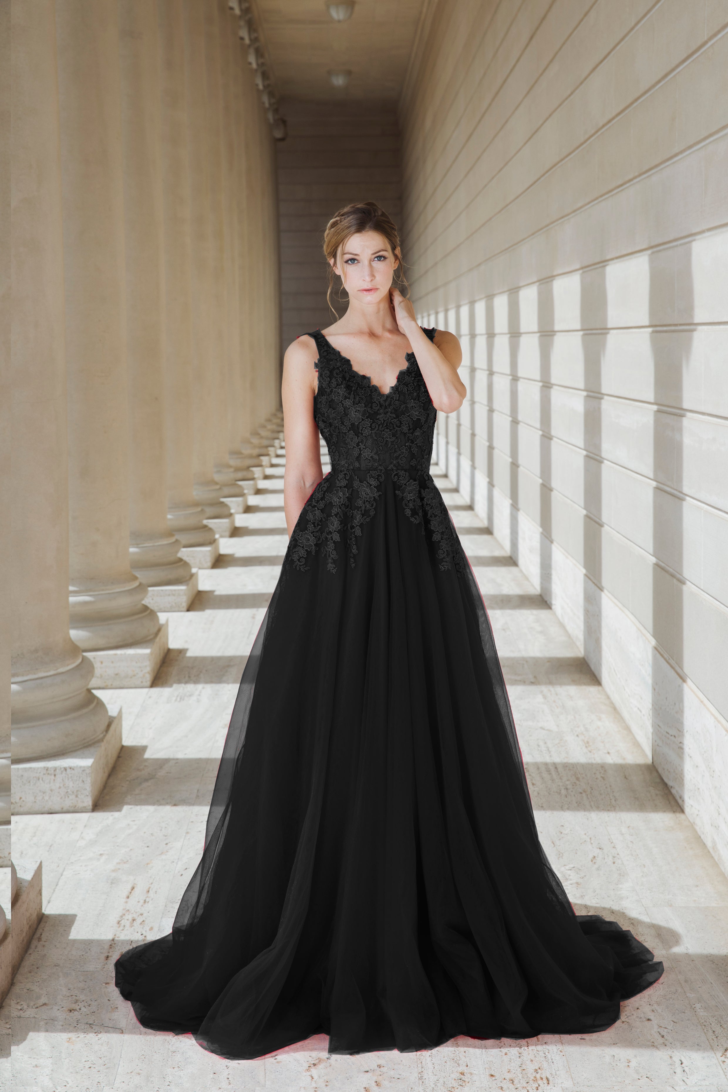 black v neck gown