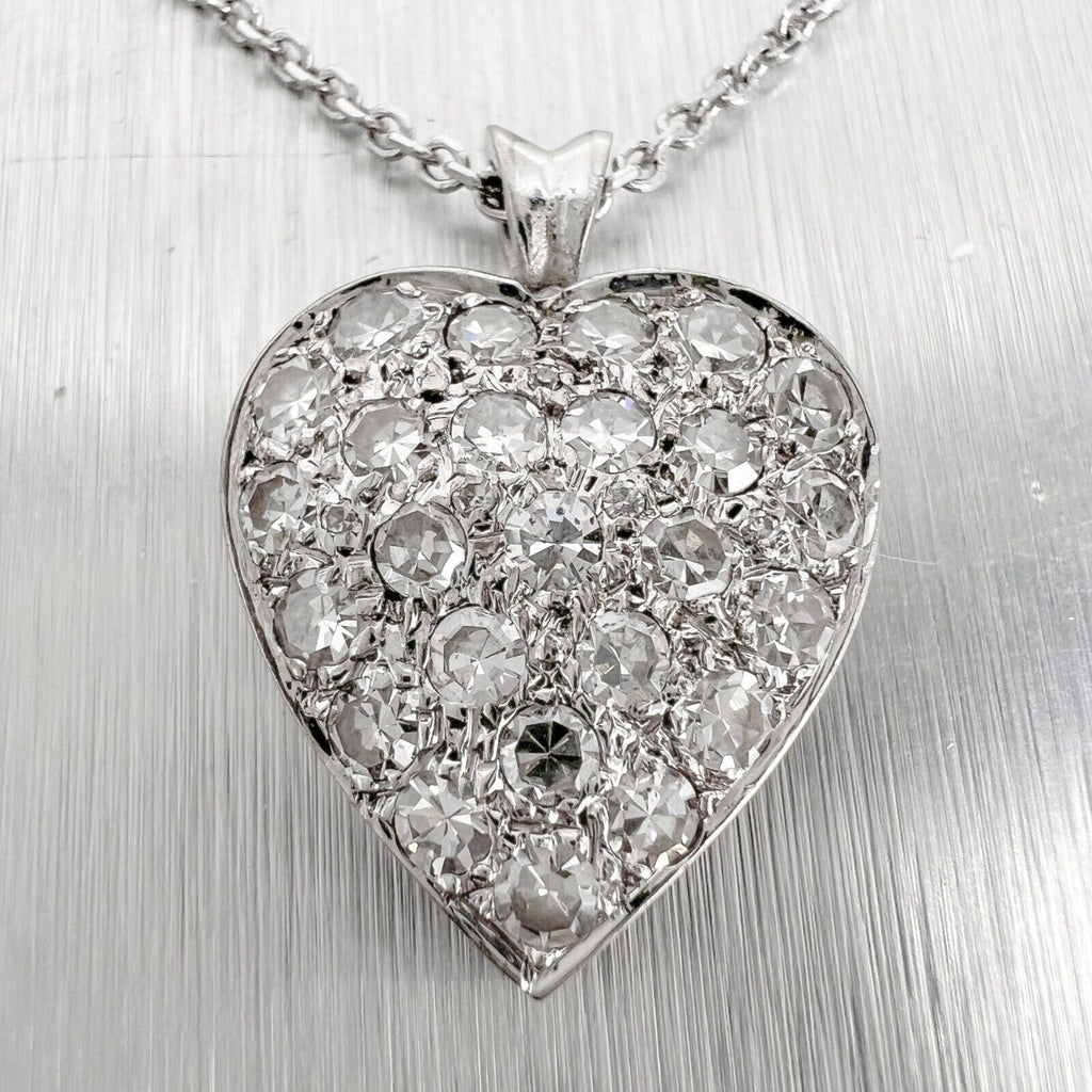 Hilton Diamond Toggle Necklace with Removable Pave Heart Charm and French Cable Chain 14K White Gold