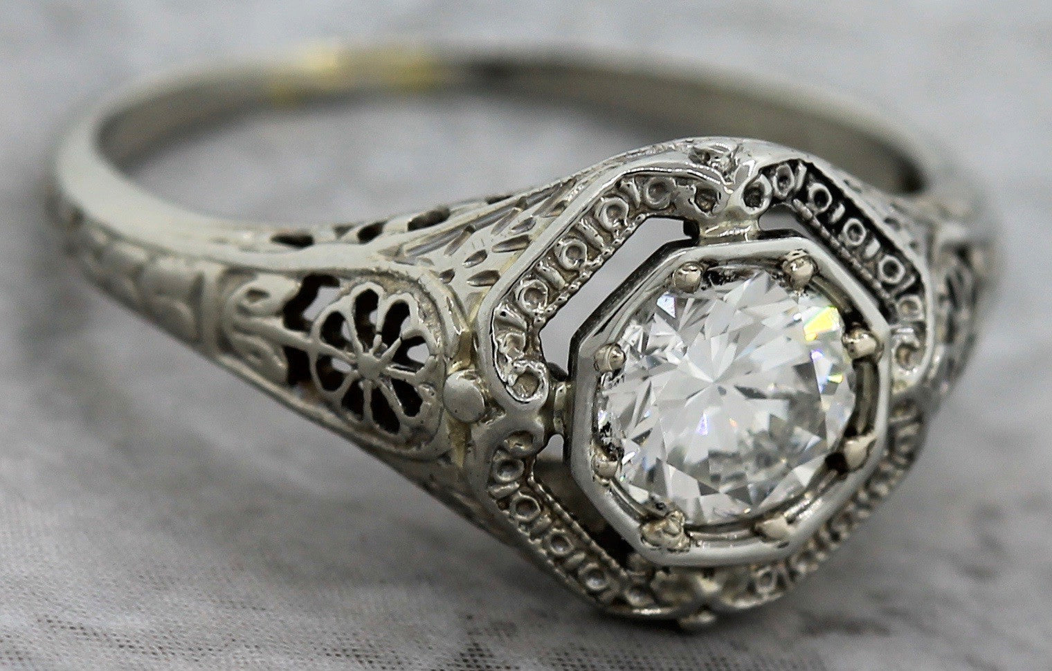 $5,460 Art Deco 1920s Floral 18K Gold 0.64ct Diamond Engagement Ring E