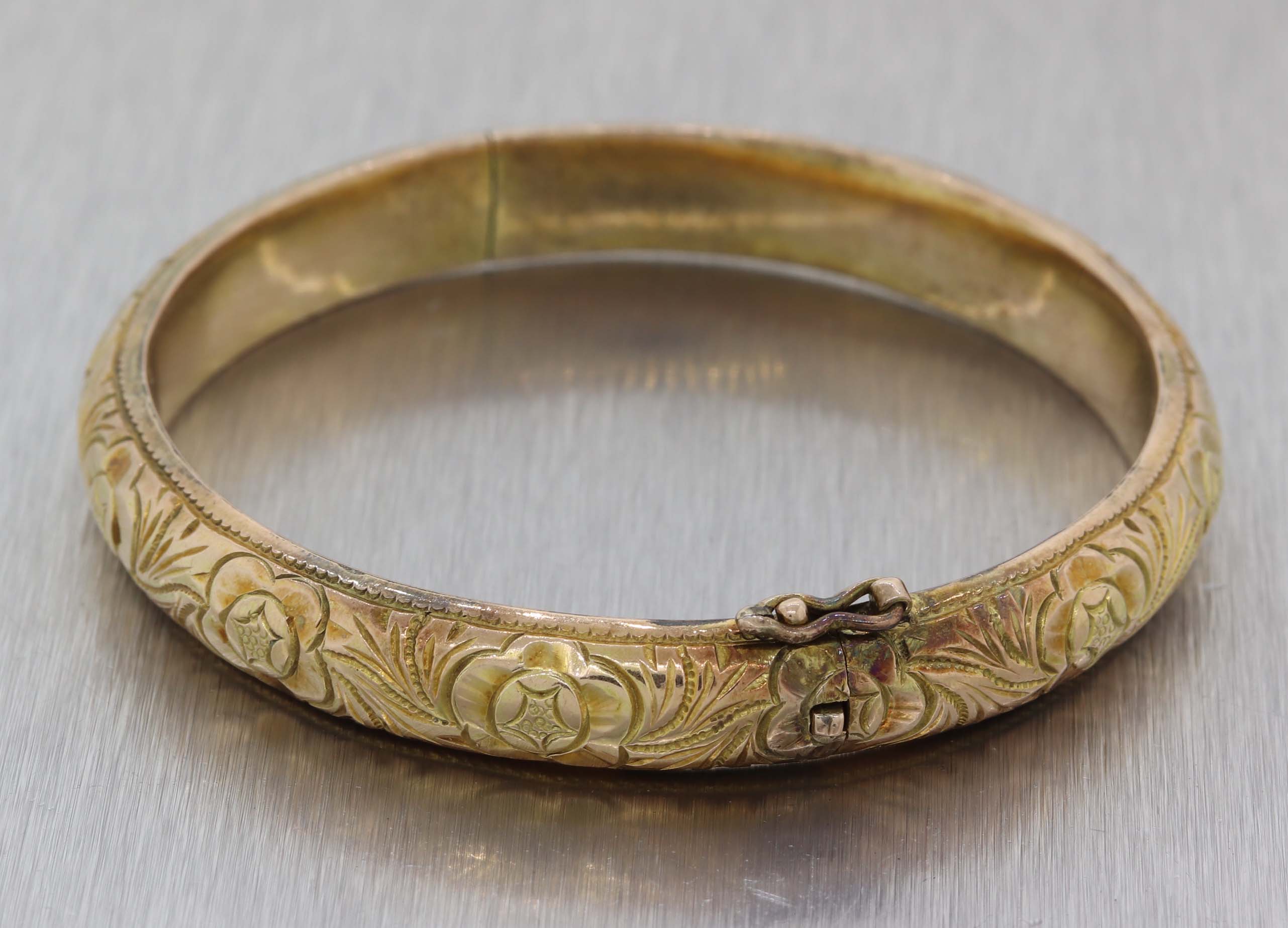 1880s Antique Victorian 14k Yellow Gold 9mm Wide Engraved Bangle Brace