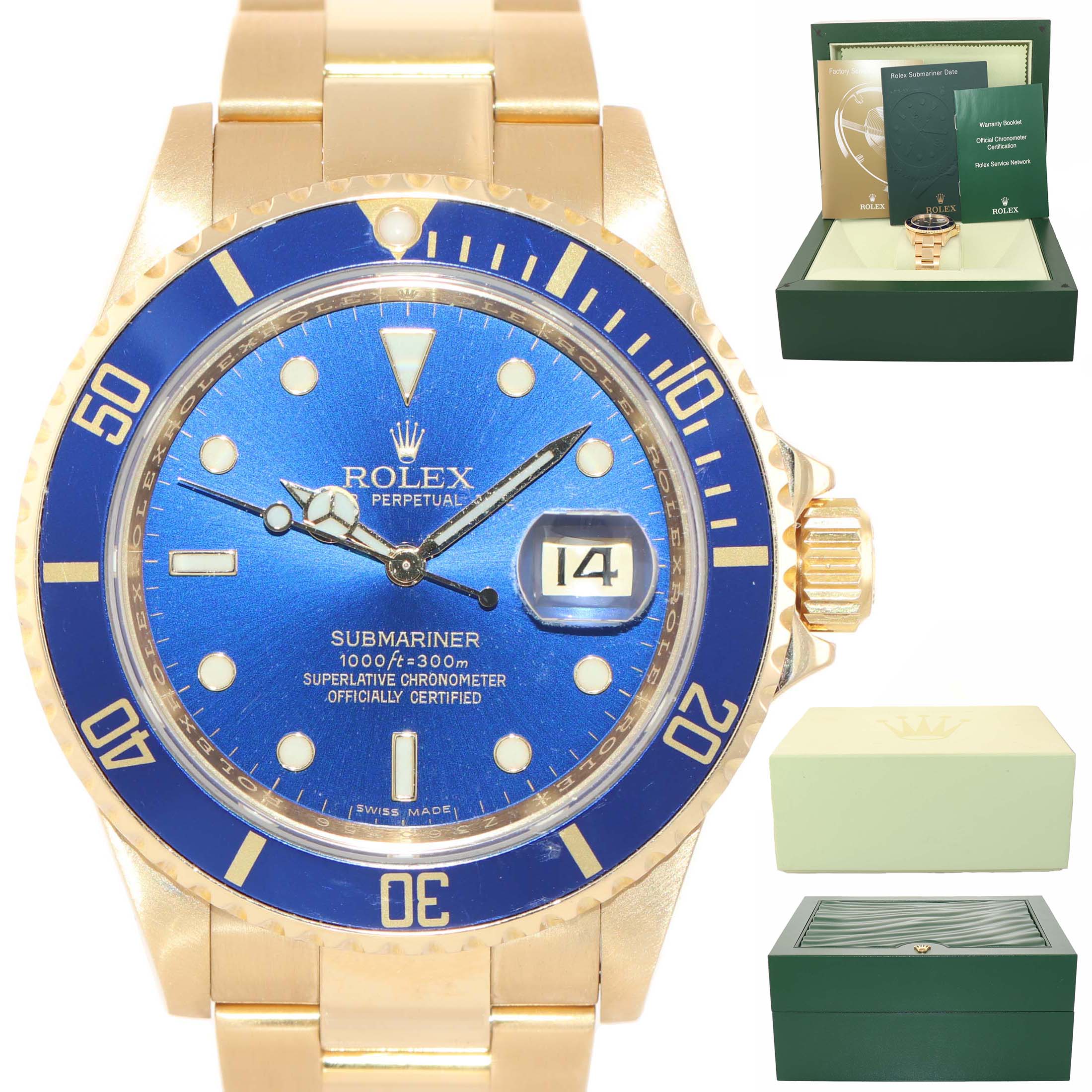 REHAUT MINT 2007 Rolex 16618 Submariner 18K Yellow Gold Blue Sunburst