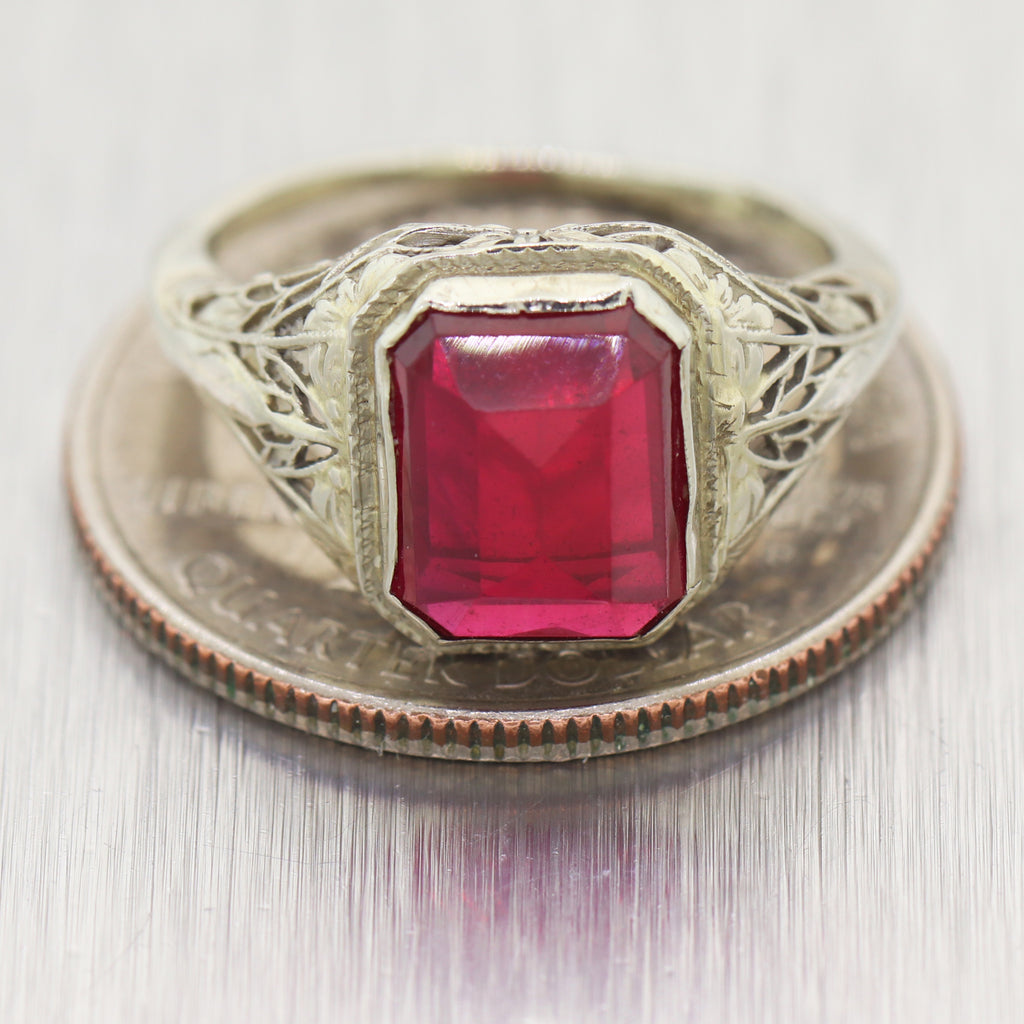 1930's Antique Art Deco 14k White Gold Synthetic Ruby Ring