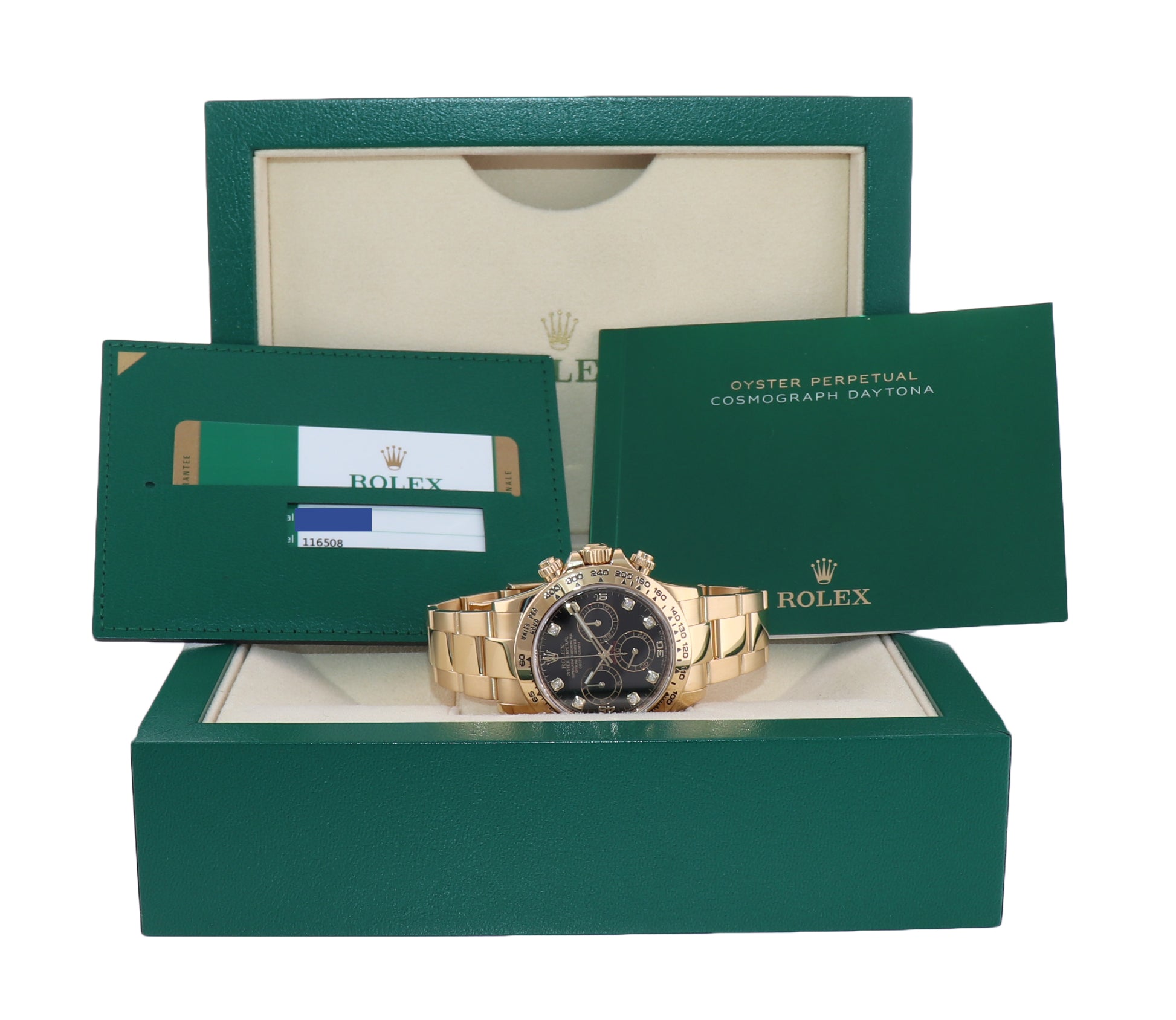 2017 PAPERS Rolex Daytona 116508 Black Diamond Yellow Gold Chrono Watch Box
