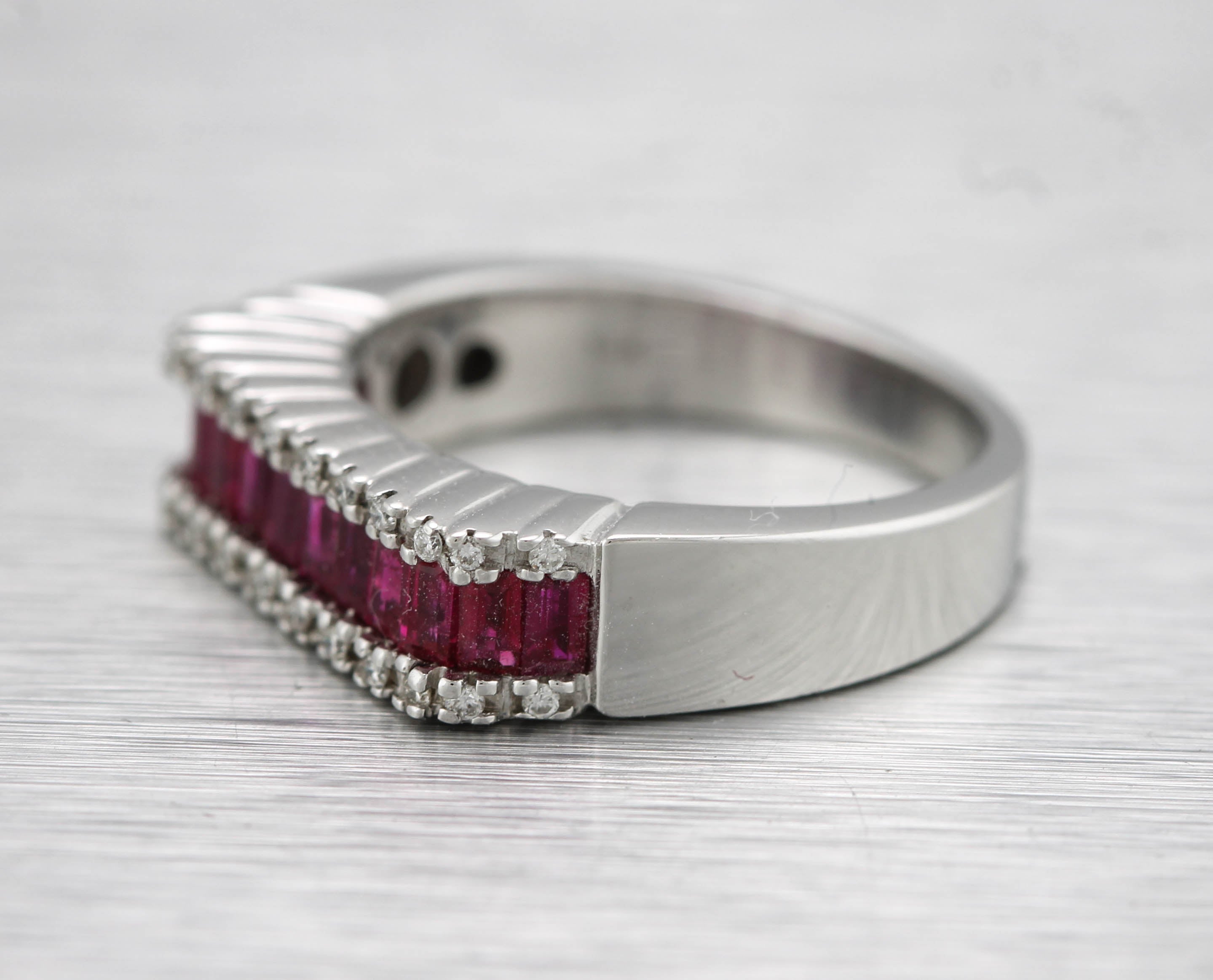 Ladies Modernist 14K White Gold 3x2mm Ruby Baguette Cut Diamond Band Ring