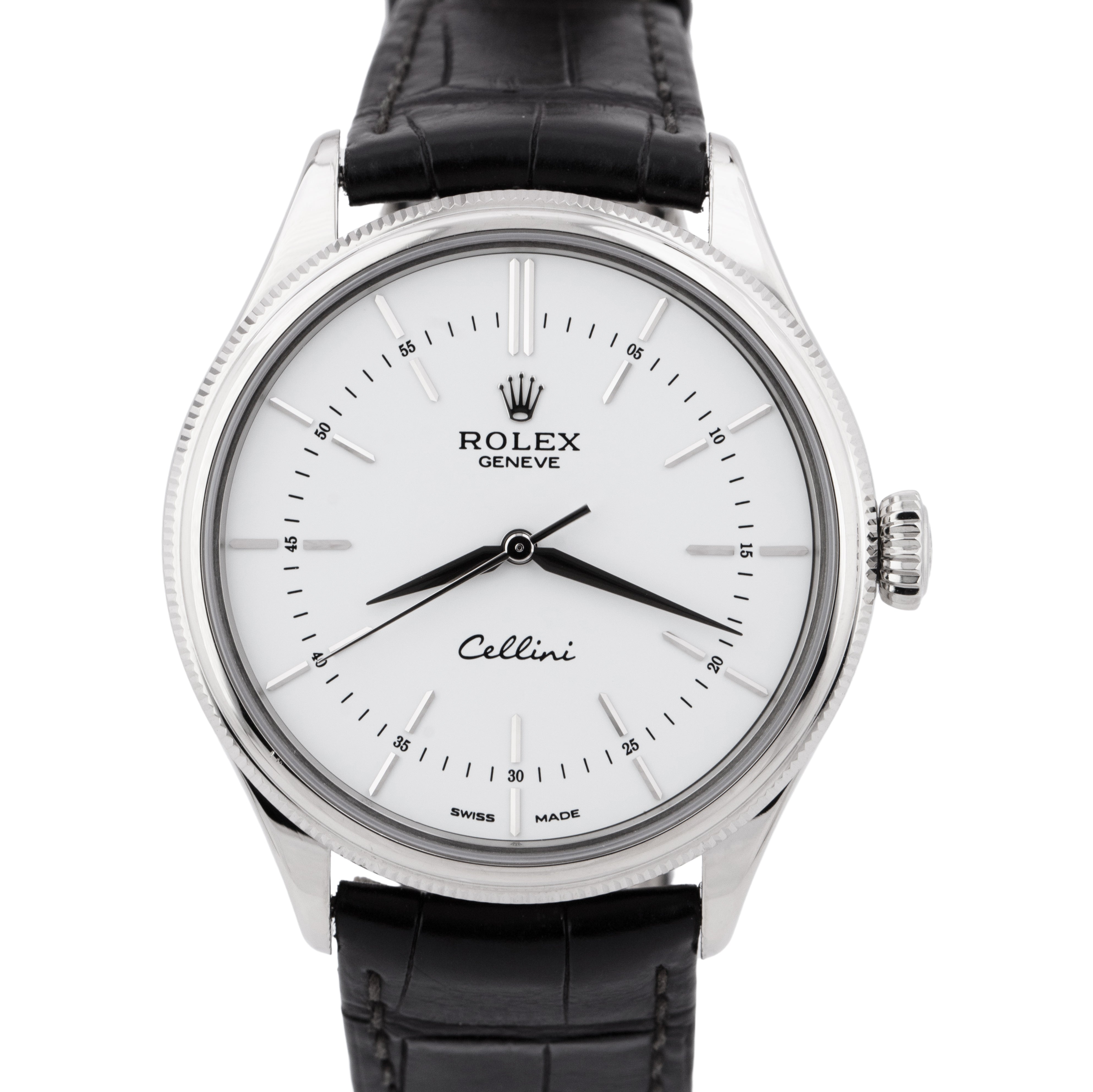 Rolex Cellini PAPERS Black Leather 18k White Gold 39mm 50509 Wat