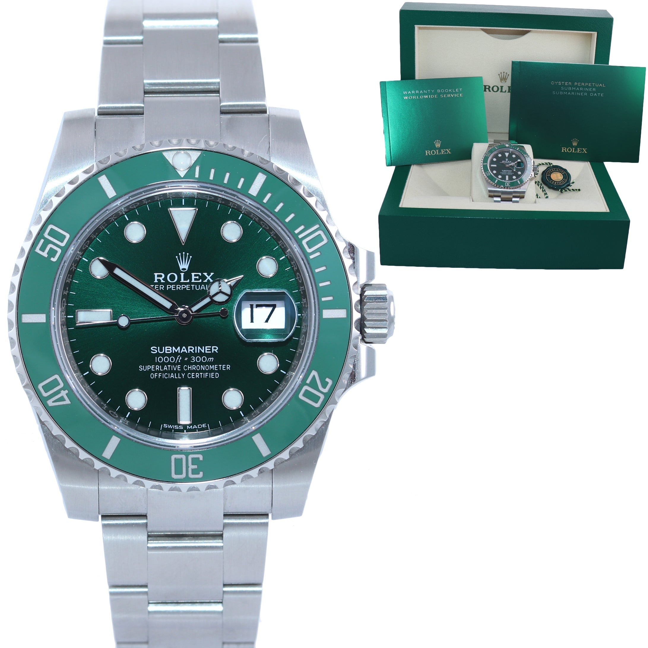 Rolex Submariner Date Custom Diamond Stainless Steel Watch with Green  Emeralds/Diamond Bezel Lugs and Green Dial 116610