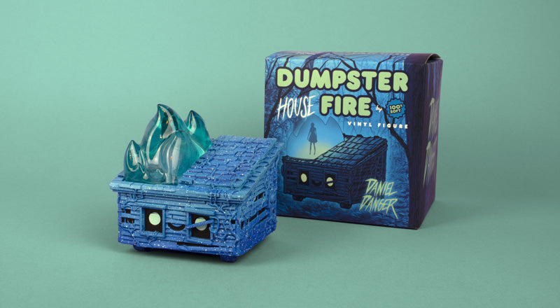 Daniel Danger's Dumpster House Fire vinyl figure pictured with box