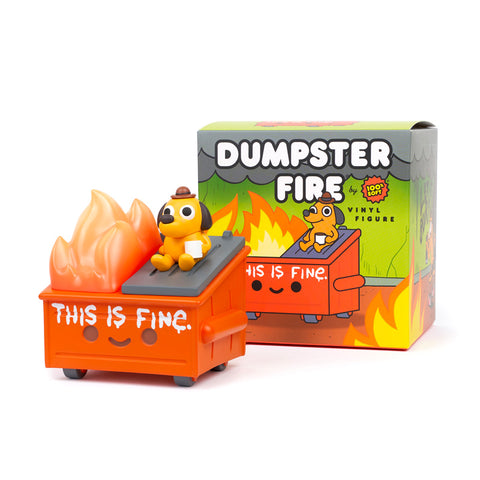 This is Fine Dumpster Fire toy in front of box