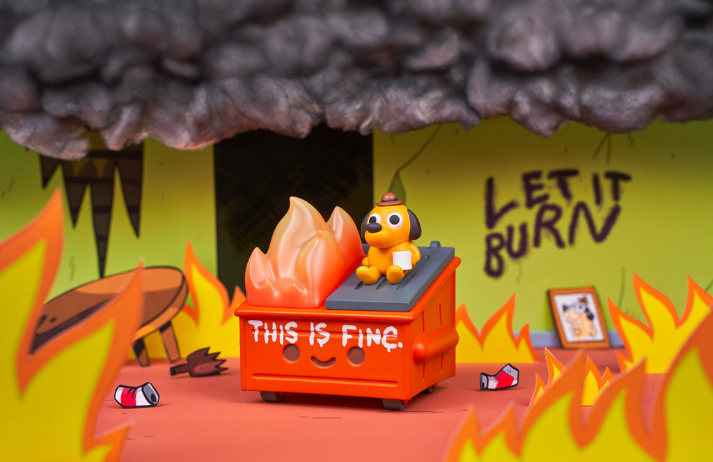 This is Fine edition of the Dumpster Fire toy pictured in a similar scene as the original meme