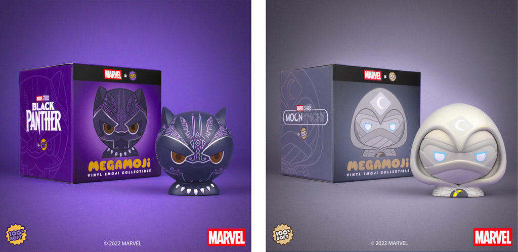 Megamoji vinyl toy busts of Marvel Studios' Black Panther and Moon Knight with their boxes 