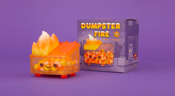 Candy Corn Dumpster Fire toy pictured in from on its box