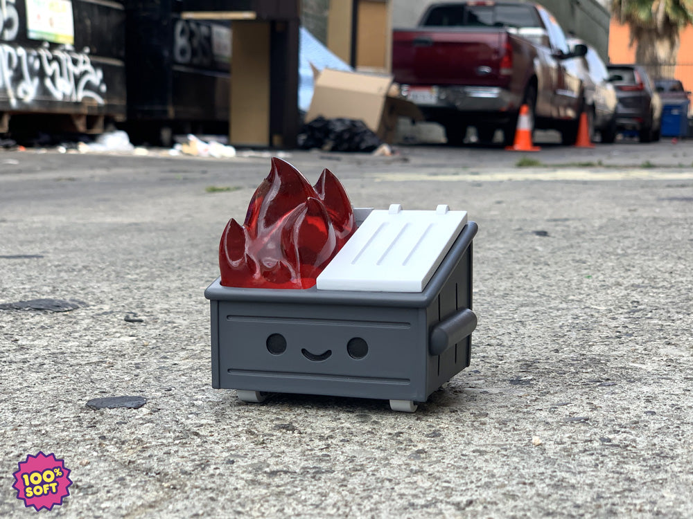 MONDOCON edition of my Dumpster Fire resin toy in grey and red with mondo spray painted on the back