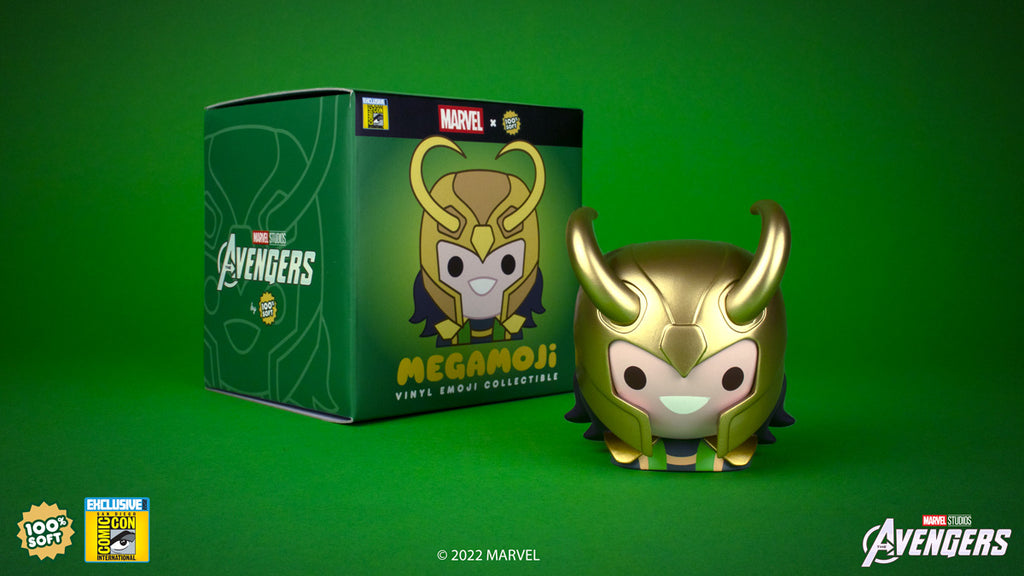 Megamoji vinyl toy bust of Marvel Studios' Loki with its box