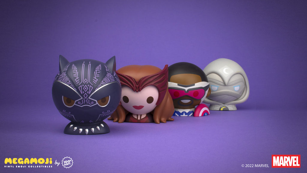 Megamoji vinyl toy busts of Marvel Studios' Black Panther, Captain America, Moon Knight, and Scarlet Witch