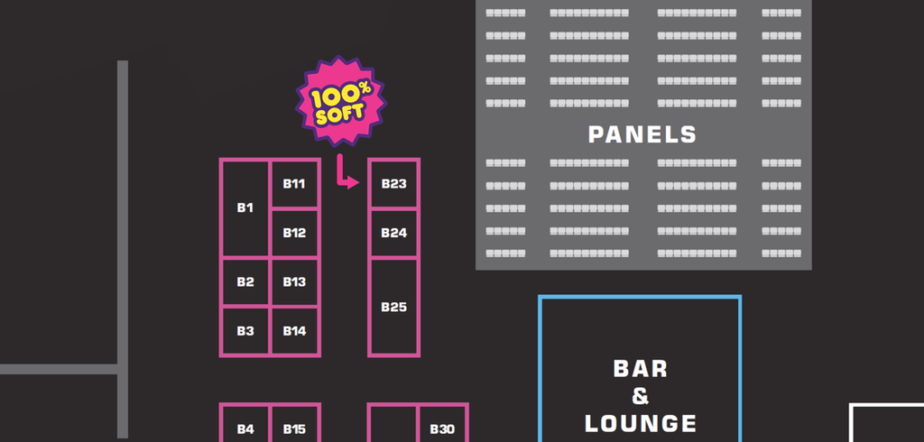 MondoCon map with 100% soft marked at booth B23