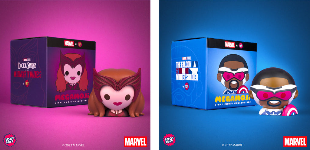 Megamoji vinyl toy busts of Marvel Studios' Scarlet Witch and Captain America with their boxes