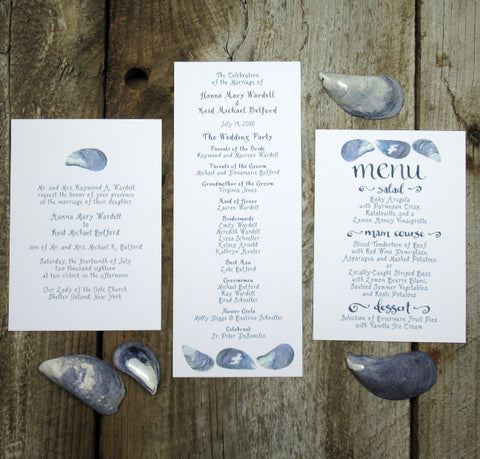 Mussel shell wedding invitation and paper goods