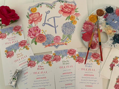 Handpainted floral crest with customized menus