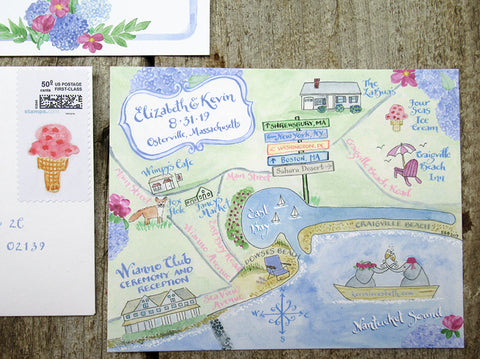 Custom watercolor wedding map Cape Cod