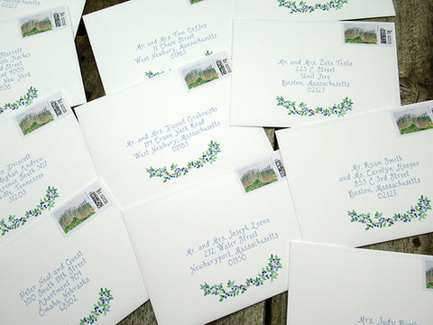 Digital calligraphy on blueberry wedding invitations