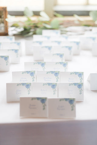 hydrangea and blueberry escort cards on table