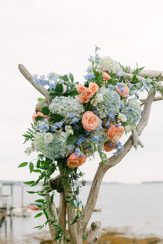 Peach and blue wedding flowers mid coast Maine