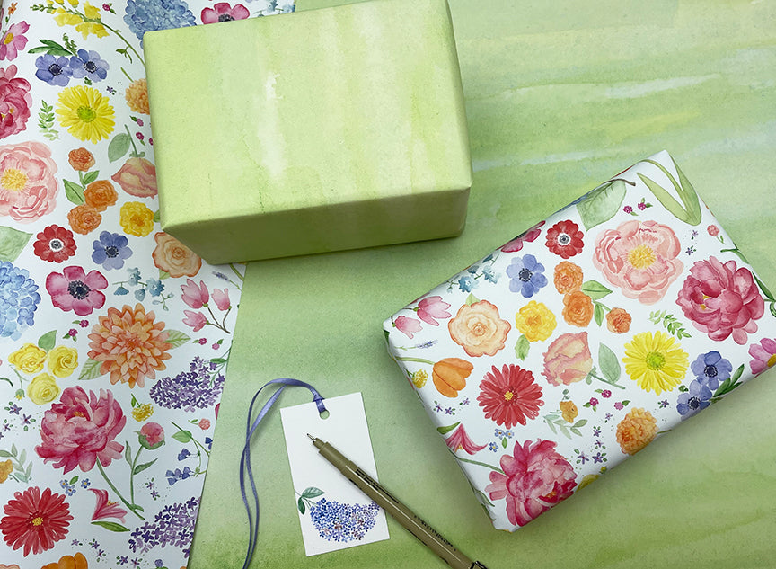 floral gift wrap with tags