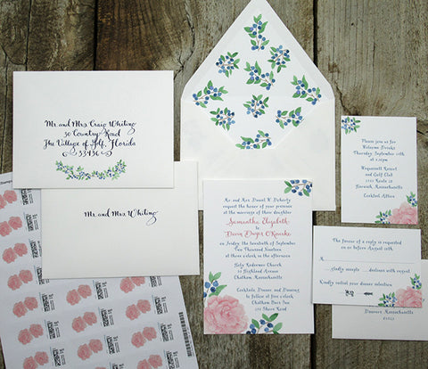 Peony and blueberry wedding invitation