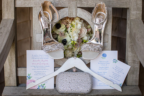Peony invitation with brides shoes