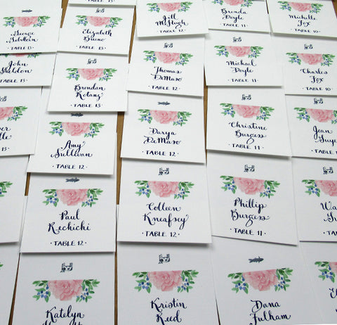 pink peony Hand calligraphy escort cards