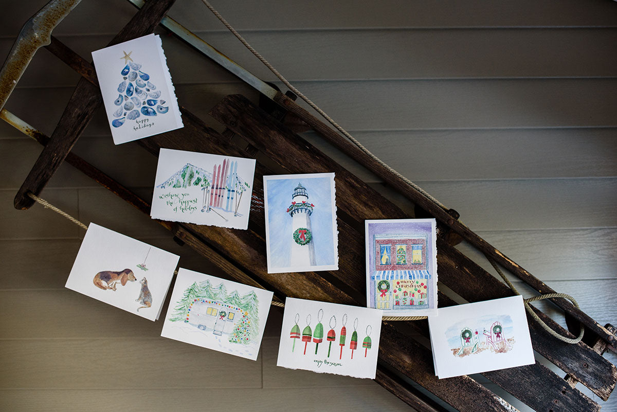 Holiday cards displayed on sled
