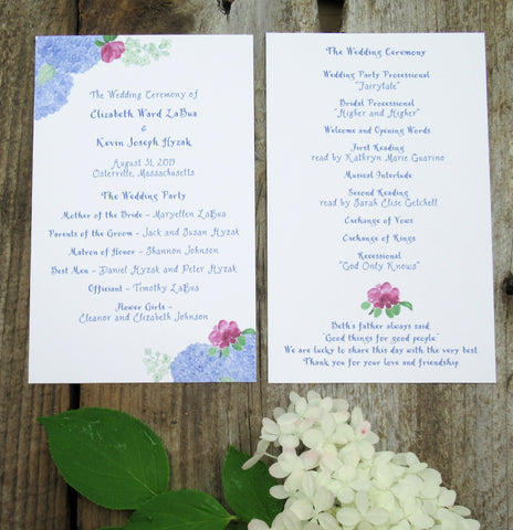 Hydrangea wedding ceremony program