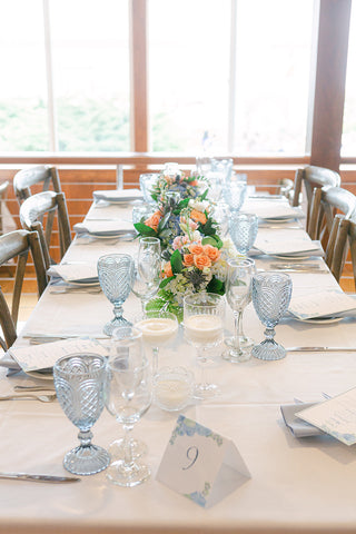 long table with hydrangea table number