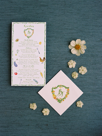 floral crest illustrated menu and napkin