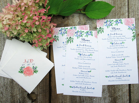 Peony blueberry Wedding table menu and napkins