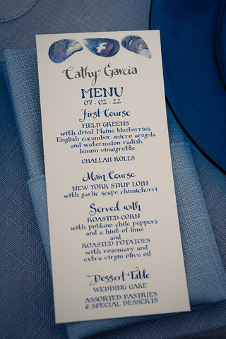 mussel shell menu with custom calligraphy