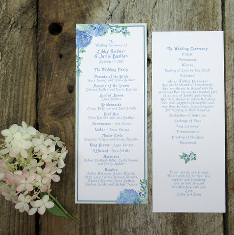 hydrangea and blueberries wedding ceremony program