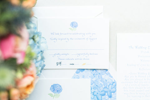 Hydrangea wedding reply card with food choices