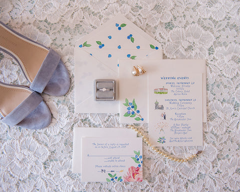 Peony and blueberries wedding invitation