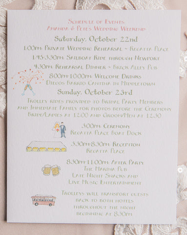 Illustrated schedule of events Newport RI wedding