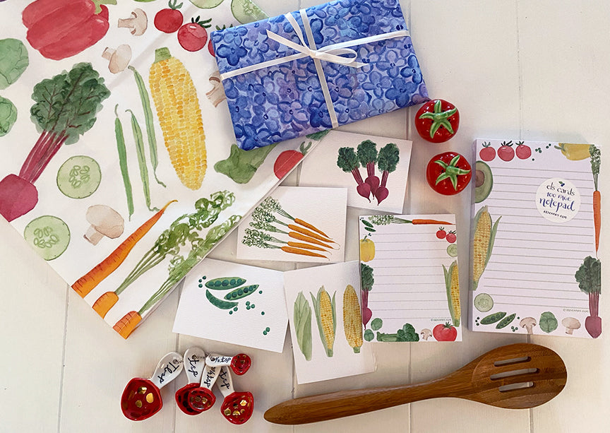 Veggie stationery and tea towel