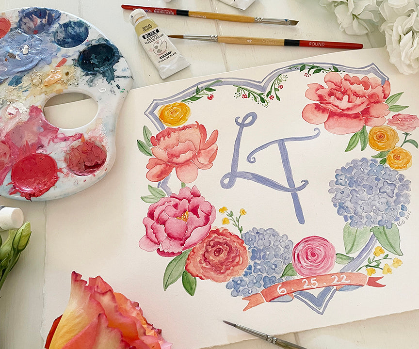 watercolor wedding crest colorful flowers