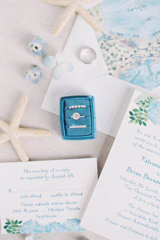 wedding rings with blue hydrangea invitation