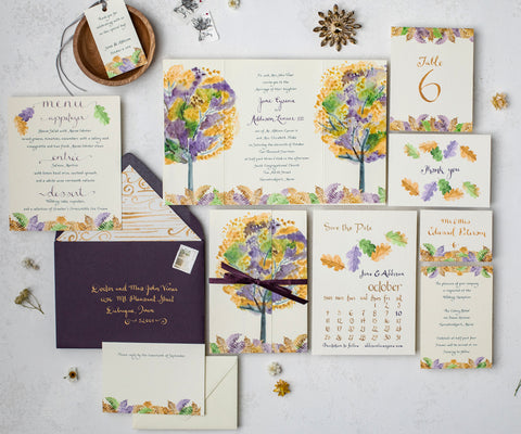 Fall Tree Wedding Save the Date Cards with Leaves