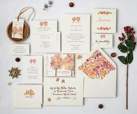 Fall Tree Wedding Save the Date Cards with Leaves