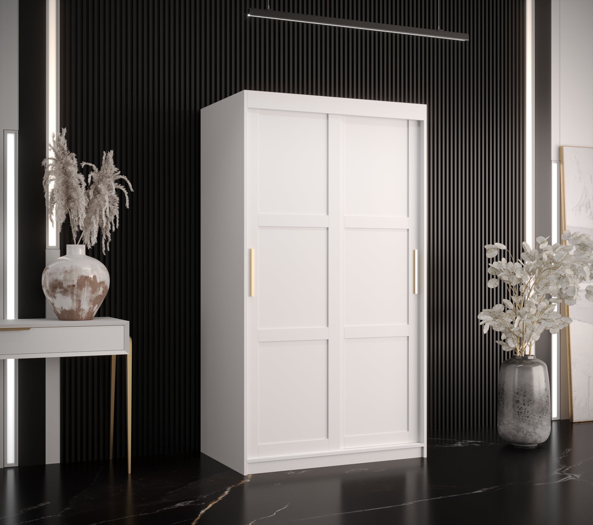 White sliding door wardrobe shop with drawers