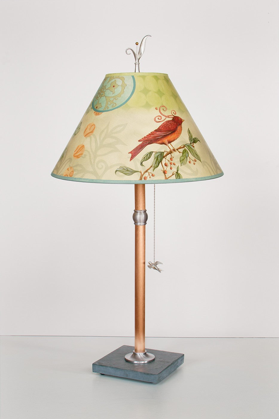 Copper Table Lamp with Conical Shade in Birdscape